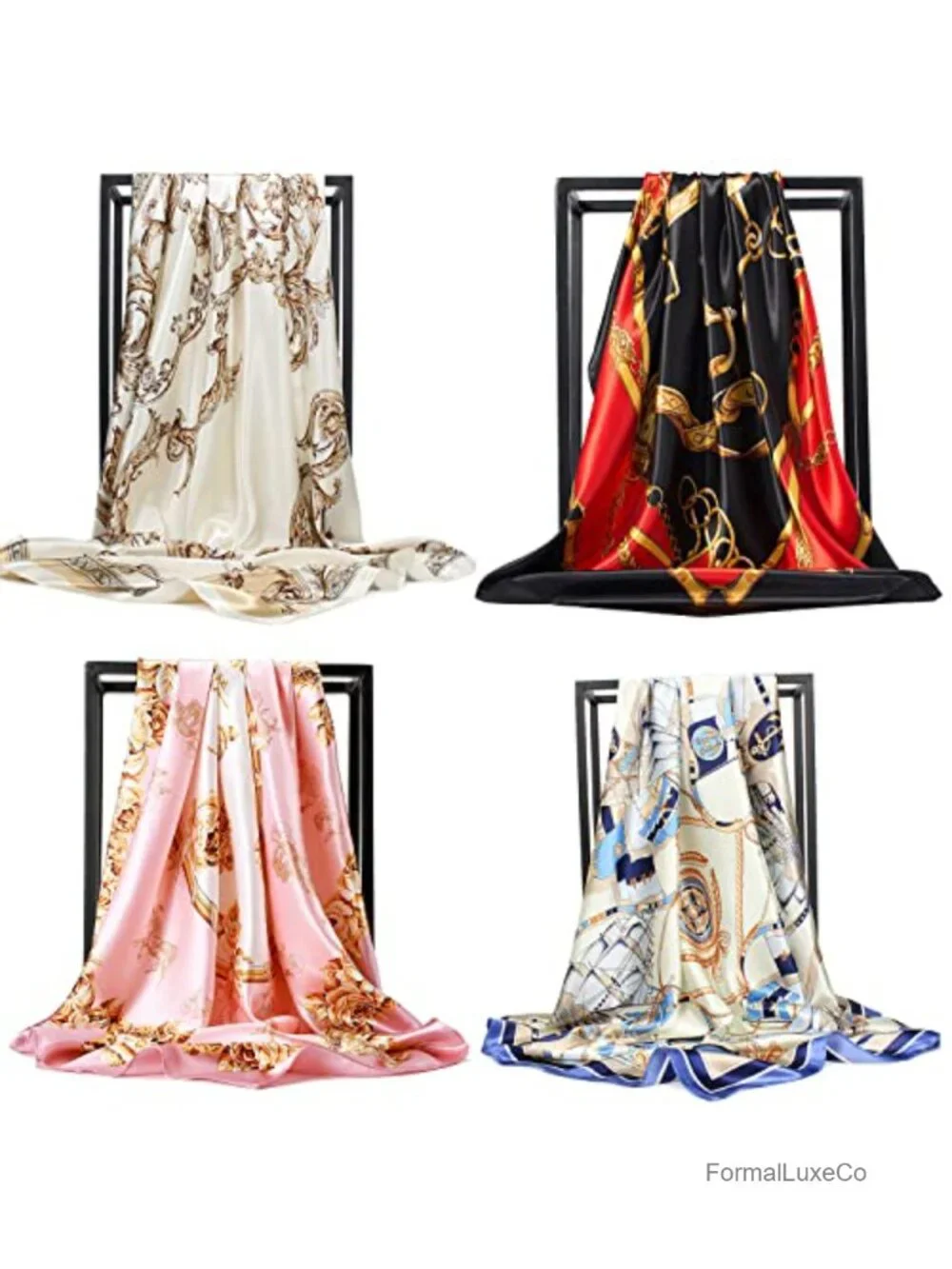 Silk Feeling Polyester Satin Fashion Scarves Set of 4 Wraps Hair & Bag Accessory